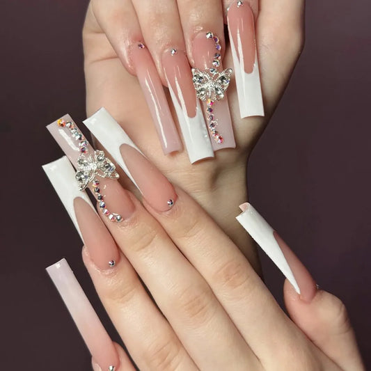 24Pcs Long Square Head False Nails Press on Colorful Rhinestone Design Fake Nail Art Detachable Artificial Full Cover Nails Tips