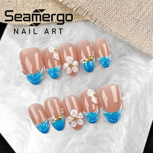 24PCS 3D Flower Gold Bead False Nails Almond Fake Nail Blue Island Vacation Style Press on Nails European American Sweet Style