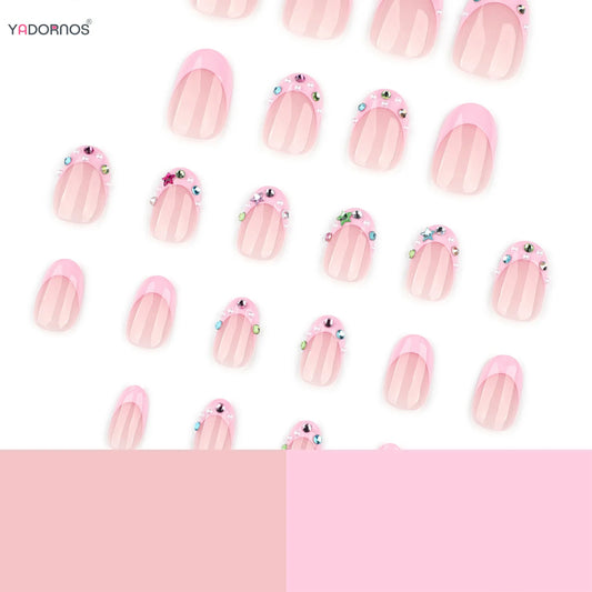 24pcs Flash Colorful Diamond Fake Nails Sweet Pink French Style Press On Nails With Star Sequins Decor Short Round False Nail