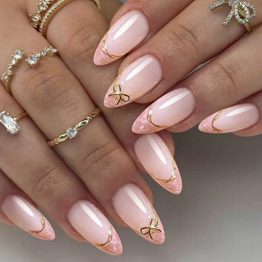 24pcs French Almond Fake Nails Pink Cat's Eye with Bow Lines Design Press on Nails Glitter Tips False Nail Finished Manicure Set
