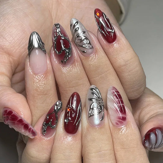 24Pcs Sweet Cool Almond Fake Nail Mid-length Black False Nails with Flower Star Pattern Press on Nails Tips Datachable Manicure