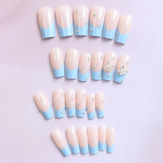 ARTAUG 24PCS Medium Coffin Press On Nails Blue Fingertip French Trim Flash Drill Bowknot Press On Nails Full Cover Fake Nail Set