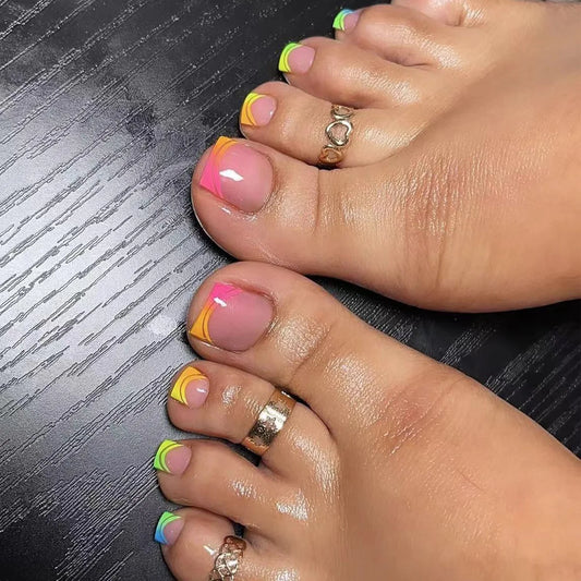 Summer French Gradient False Toe Nails Wearable Short Square Foot Nails Set Press On Nail Tips Rainbow Fake Toenails Full Cover