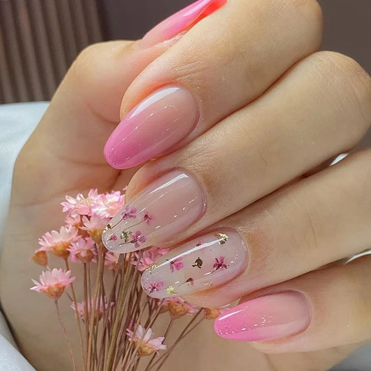 24Pcs White Edge French Shiny Powder False Nails Press on Mid-length Almond Fake Nails for Woman Reusable Full Cover Nails Tips