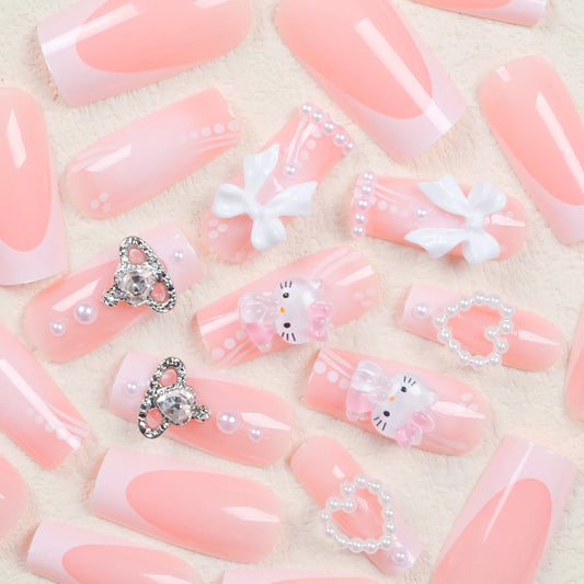 24 pieces of medium and long square nail patch white French cute Hello Kitty three-dimensional drill 3d white bow drill white lo