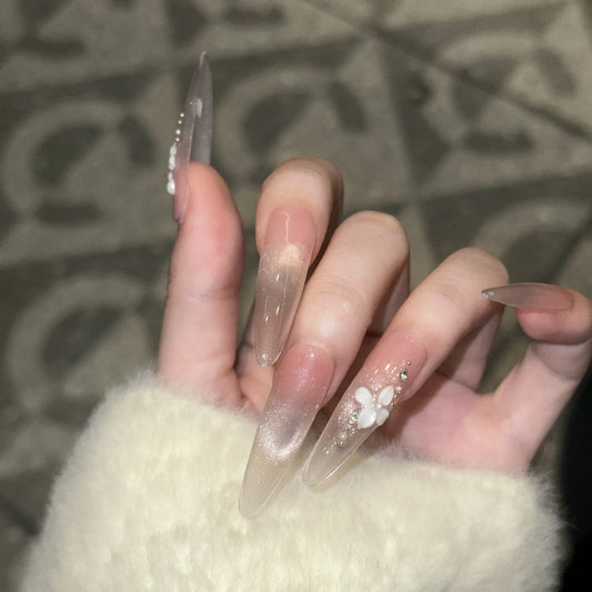 10pcs French Cat Eye Almond Handmade Press on Nails 3D Flower Fake Nails Long False Nails Artificial Nail Накладные Ногти Uñas