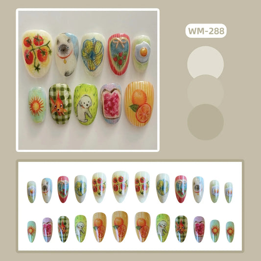 24pcs Cute Cartoon Press On Nails Little Fresh Colorful Oil Painting Style Fake Nails Kawaii Short Almond Fake Nail For Girls