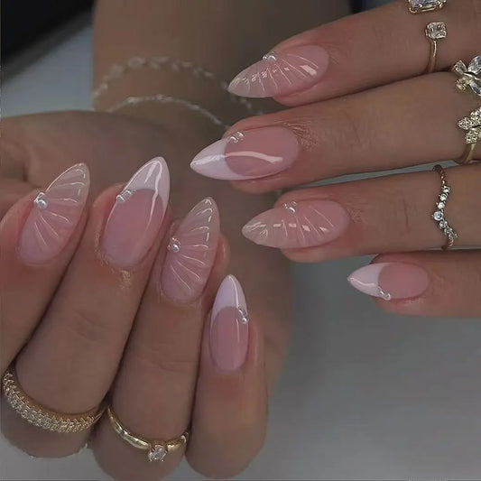 24pcs Short Almond Nails Sets Press on Rhinestone Decor False Nails Tips Colorful Smudge Full Cover Nail Flower French Fake Nail