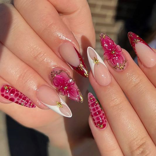 24Pcs Pink Smudge French Fake Nails Press on Flower Rhinestone False Nails Art Mid-length Almond Reusable Full Cover Nails Tips