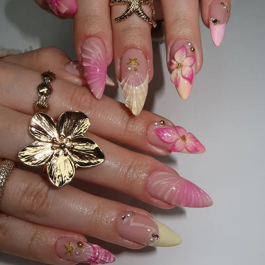 24Pcs Mid-length Almond False Nails Press on 3D Flower Design Full Cover Nails Tips Art for Woman Datachable Finished Fake Nails