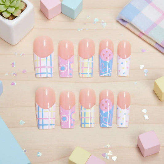 24pcs Sweet Pink Blue Plaid Press On Nails Cartoon Button Love Heart Pattern Fake Nails Long Square French Style False Nail