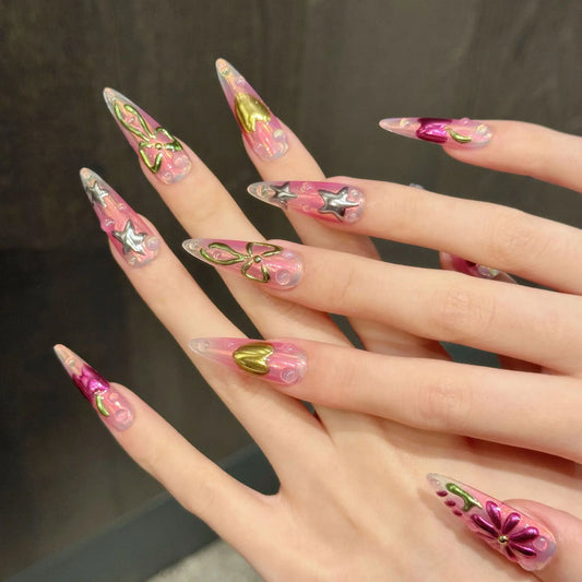 10pcs Rose Red Sweet Cool Press On Nails 3D Carving Flower Bowknot Y2k Star Designs Handmade False Nails Summer Island Fake Nail