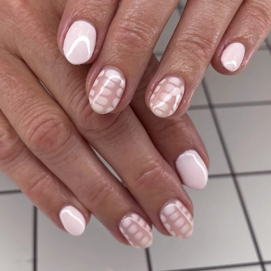 24pcs Bow Oval Press on Nails Valentine's Day Sweet Pink Short Round False Nails Love Pattern French Fake Nail Reusable Manicure