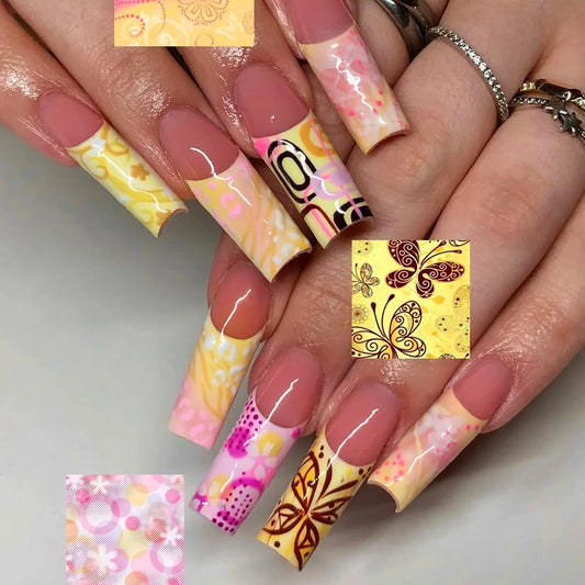 24pcs European Long Coffin Fake Nails Colorful Sweet Cool Press on Nails for Girl Wearable Fashion French False Nail Patches