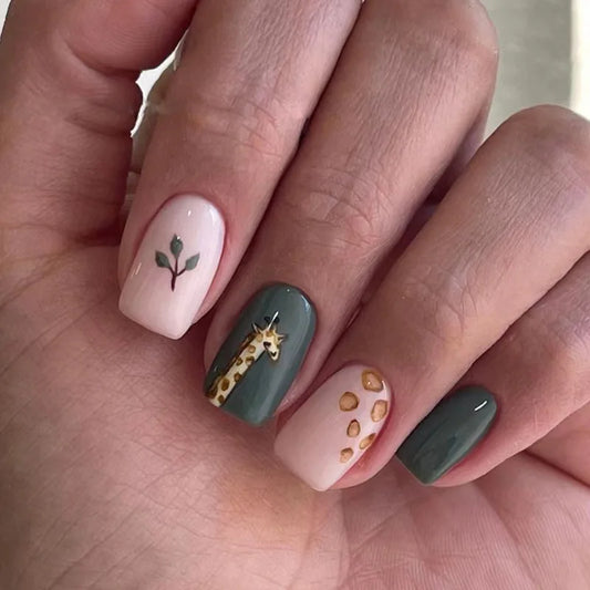24Pcs Short Square Floral False Nails with Glue Press on Nails Full Cover Shimmery Powder Glitter French Fake Nail Manicure Tips