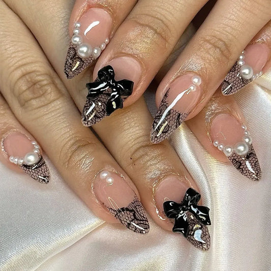 24Pcs Mid-length Almond Fake Nails Press on Black Lace French Wearable Full Cover Nails Tips Art 3D Bow Pearl Design False Nails