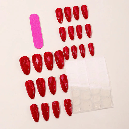 24pcs Glossy Red Almond Press on Nails Shiny Cat Eye Simple Fake Nails Women Wearable Detachable European Fashion False Nails