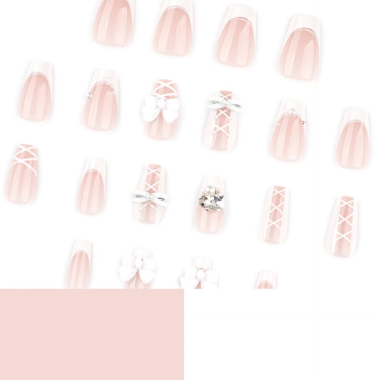 24pcs White Bowknots Press On Nails Short Square Simple French Style False Nails Shiny Diamond Decor Fake Nail Ballet Manicure
