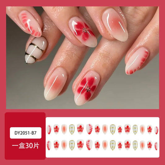 24PCS Retro Purple French False Nails with Glue Five-petal Flowers Golden Patterns Almond Press on Nails Full Cover Wearable Tip