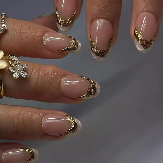24pcs French Brown Press on Fake Nails Finished Flower Gold Bead Full Cover Long Almond False Nails Acrylic Polka Dot Manicure
