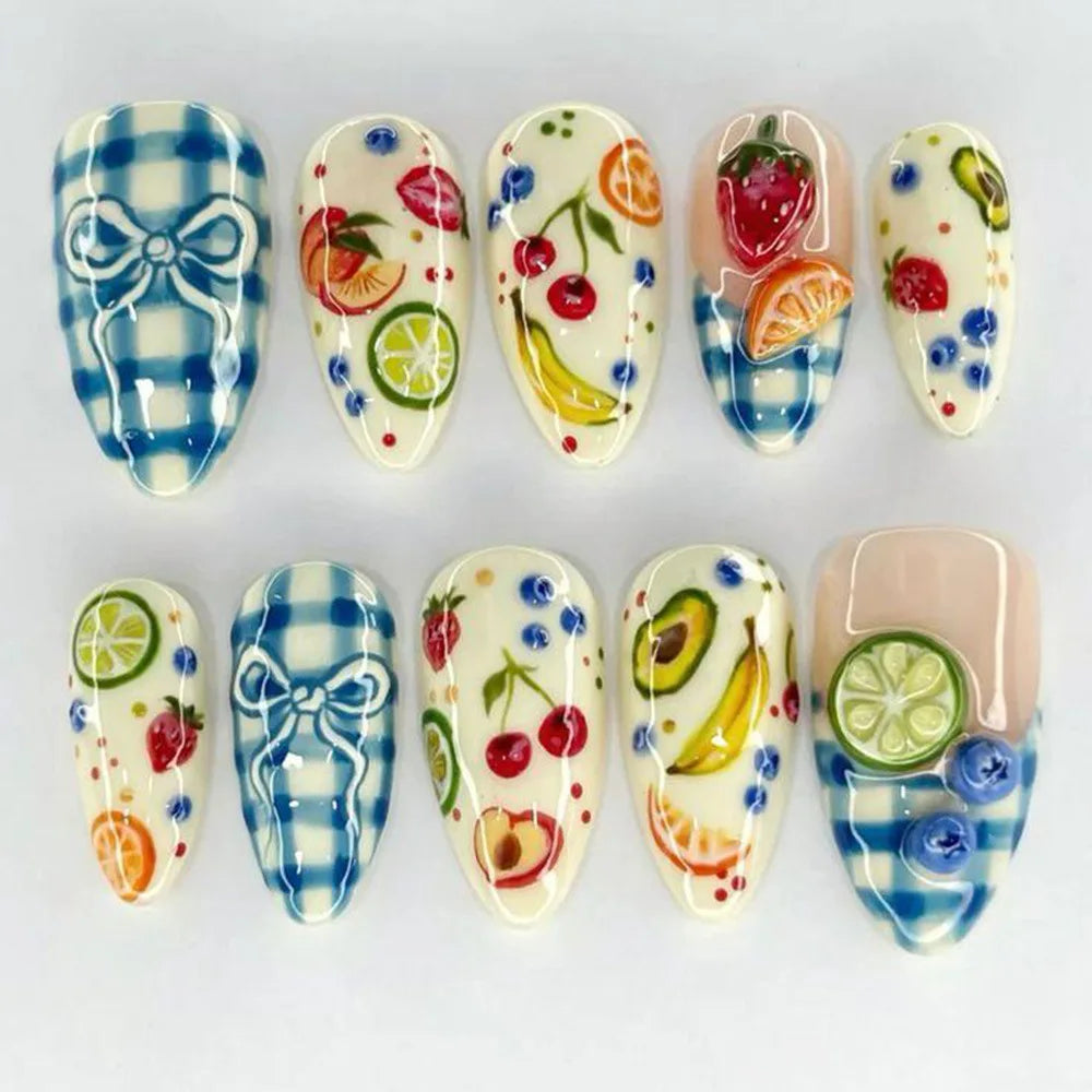 24PCS Almond Pink Blue Fake Nails Checkered Cherry Print Sweet Coquette Style Press on Nails Reusable False Nails for Daily Wear