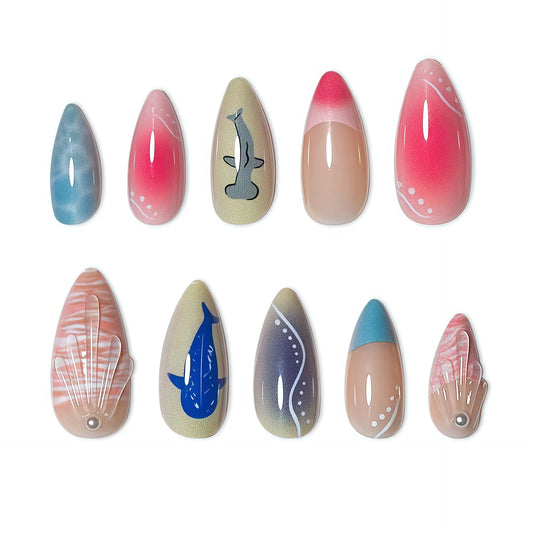 24pcs Summer INS Ocean Press on Nails Fish Printed Almond Blush False Nails for Girl Women Wearable DIY Manicure Fake Nails