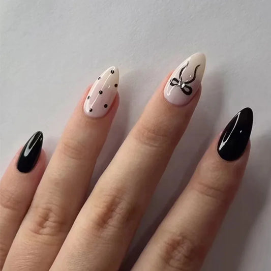 24Pcs Mid-length French Almond Fake Nails Press on 3D Bow Love Heart Pearl Design False Nails Art Wearable Full Cover Nails Tips