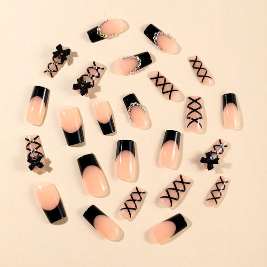24pcs Long Ballet Press On Nails Black Cross Strap French Style Fake Naile With 3D Bowknot Decor Korean Reusable False Nail Tips