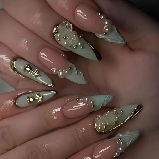 24Pcs 3D Flower Dragonfly Press on Nails Orange Maple Leaf Butterfly False Nails Long Stiletto Wearable Full Cover Fake Nail Tip