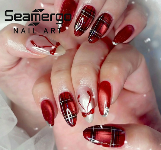 24PCS Red 3D Bow Cat Eye False Nails with Almond Shape Glossy Valentines Day Press on Nails High End Sweet Cool Style Nail Art