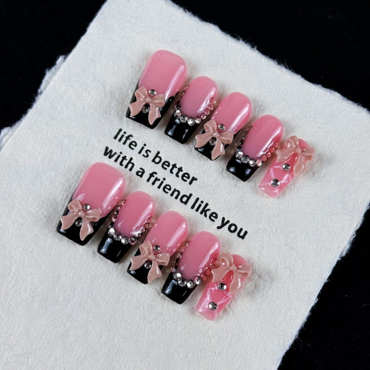10pcs high-end Sweet and cool style, hand-painted three-dimensional bowknots, glittering point diamonds handmade fake nails