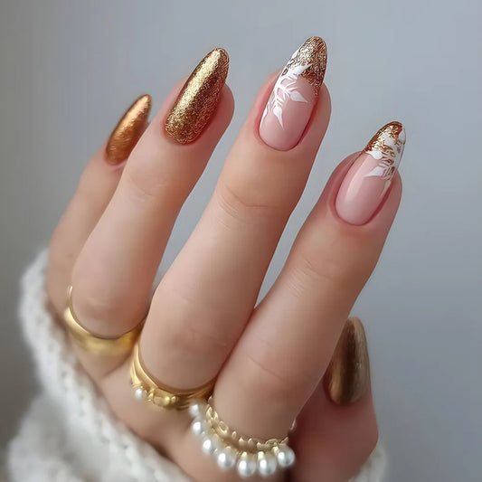 24Pcs Snowflake Design French Wearable Finished Nails with Jelly Glue Gold Christmas Glitter Stripes Pattern Acrylic False Nails