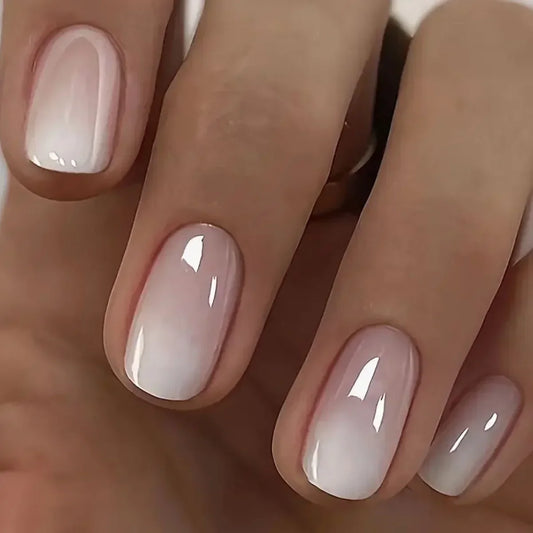 24pcs Short Square Head Fake Nails with Glue Gradient White Pink Press on Nails Simple Designs Ballet Full Cover False Nail Tips
