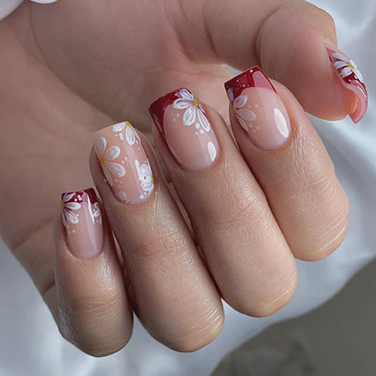 24Pcs Mid-length Square Head Full Cover Nails Tips Gradient French Line Rose Red Flower Fake Nails Press on Reusable False Nails