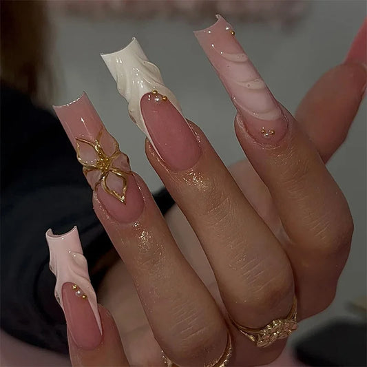 24pcs Long Square Fake Nail Seashell Flower Design Nails Tips Ocean Rhinestone Yellow French False Nail Wearable Press on Nails