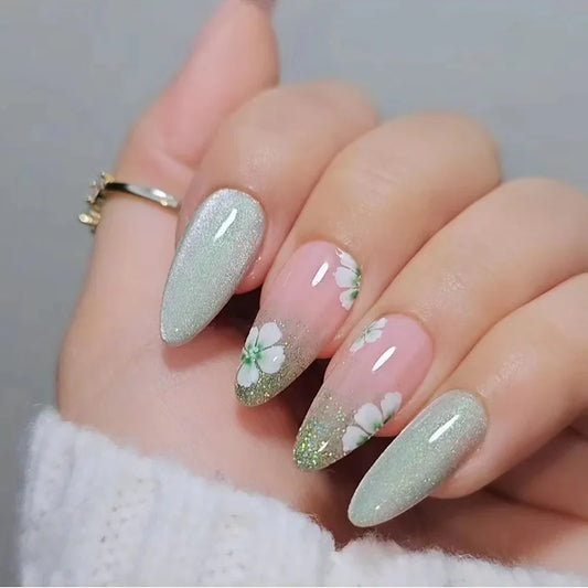 24Pcs Mid-length Almond Nails Set Press on Nude Rhinestone with Design Fake Nail Reusable Artificial Full Cover False Nails Tips