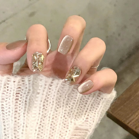 24pcs Detachable Fake Nail Tips Star Flower Short Square Nails Sets Press on Simple Nude Color Ballet False Nails Art Finished