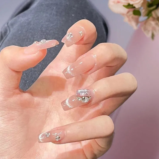 24Pcs Cat's Eye French Fake Nails Powder Blusher Rhinestone Manicure Tips Mid-length Ballerina Detachable Press on False Nails