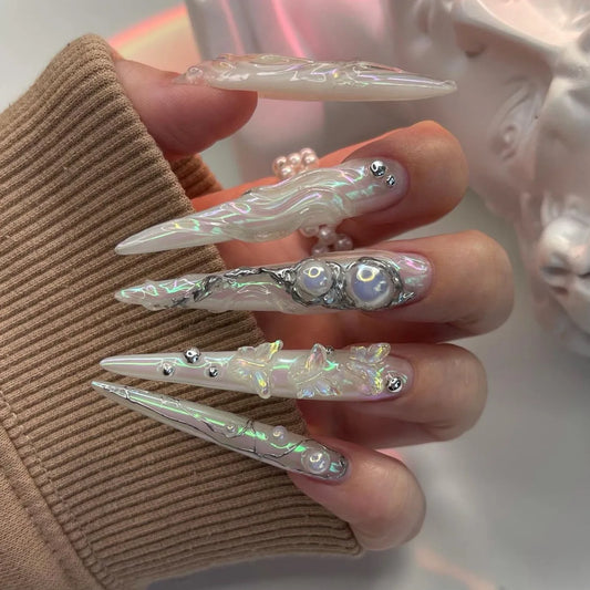 24pcs Simple Almond Fake Nail French Leopard Print Design Long Stiletto Nails Sets Press on Blue Nails Tip Detachable False Nail