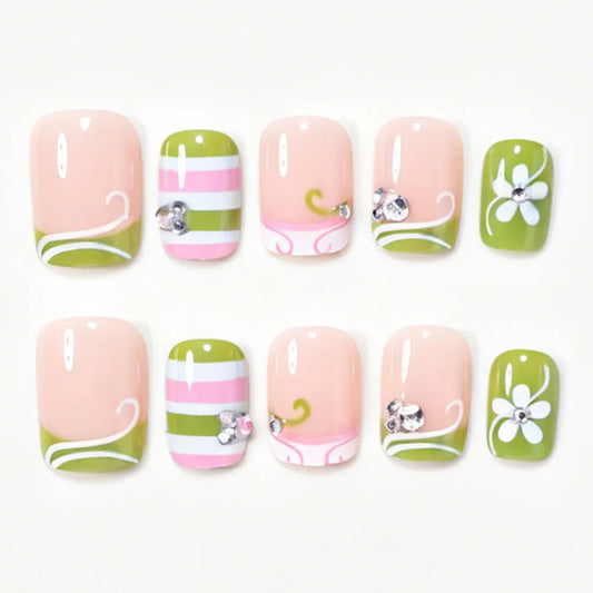 24pcs Short Square Little Fresh Fake Nails White/Green/Pink Stripes French Style Press On Nails Gentle Flower Designs False Nail