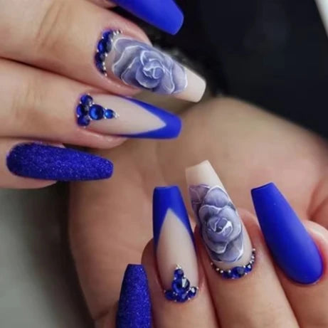 24Pcs Dark Blue Square Head Press on False Nails 3D Ocean Mid-length Fake Nail Wearable Finished Manicure Full Cover Nail Tips