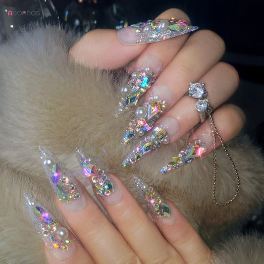 24pcs Full Flash Rhinestone Press On Nails Light Luxury Shiny Sequins Designs False Nails Long Stiletto Bride Wedding Fake Nail