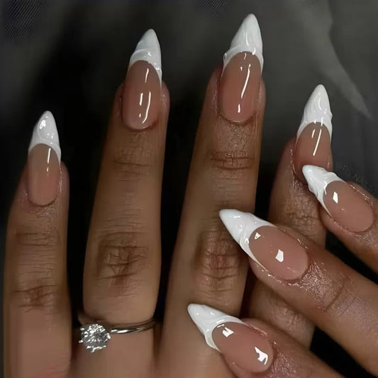 24pcs White French Fake Nail Rhinestone Pearl Design Mid-length Almond Reusable Nails Sets Press on Round Head False Nails Tips