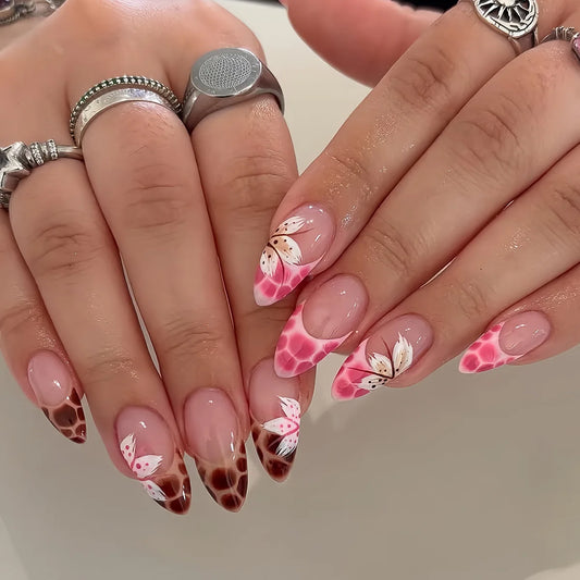 24Pcs Medium Length Coffin False Nails French Tips Press On Nails Fairy Flower Designs Spicy Girls Charms Fake Nails Patches