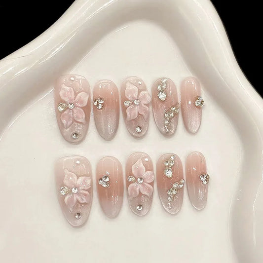 24pcs Diamond Flower Design Nails Tips Cat's Eye Long Almond Fake Nail French Sweet Fresh Press on Nails Pink Oval False Nail