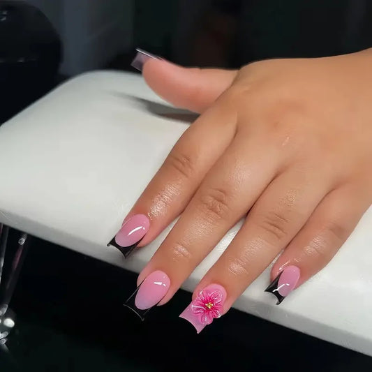 24Pcs Mid-length Square Head French False Nails Press on 3D Flower Design Full Cover Nails Tips Leopard Print Reusable Fake Nail