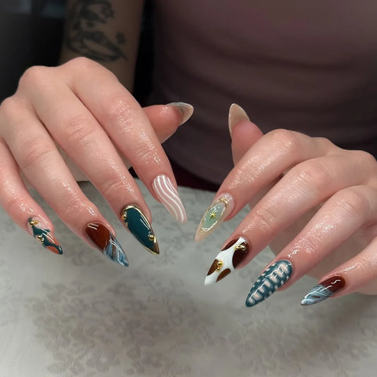 24pcs y2k Retro Fake Nail Tips Sweet Cool Almond Press on Nails Wearable Wavy Striped Crocodile Pattern False Nails Patches
