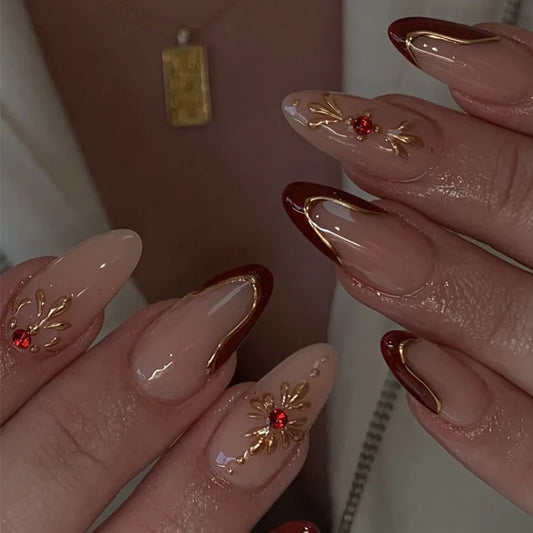 24Pcs Mid-length Almond Reusable Press on Fake Nails 3D Golden Flower Full Cover Nails Tips Wine Red Edge French False Nails Art