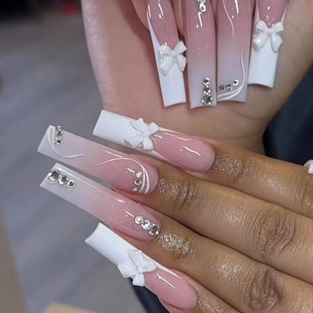 24pcs Bow Diamond Fake Nails Sets Flower Full Cover Nail Tips French Long Square False Nail Art Detachable Ballet Press on Nails