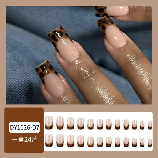 24Pcs Fake Nails Leopard Print French Tips Euro-Style Square ShapeMedium Length Press-On Nail Perfect Gift for Girls and Friends
